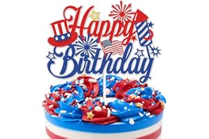 KEWEY Happy Birthday 4th of July Cake Topper America USA Patriotic Birthday Party Decorations Red and Blue Glitter Firework Independence Day For American National Theme Birthday Party Supplies