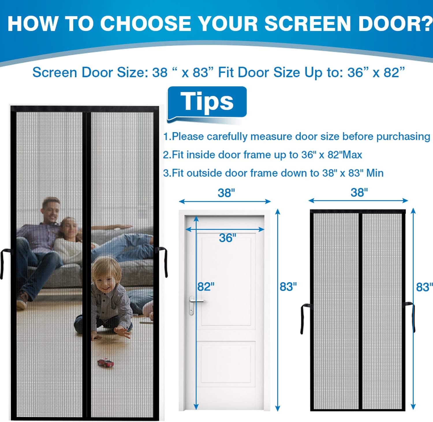 ACMETOP Magnetic Screen Door, Upgraded Fiberglass Mesh Screen Door with Handy Hasps, Reinforced Door Screen with 36 Magnets & 6 Weighted Sticks, Full Frame Hook & Loop Fits Door Size Up to 36" x 82" - - 