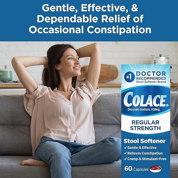COLACE STOOL SOFTENER 100 MG, 60 CAPSULES, CONSTIPATION RELIEF, DOCUSATE SODIUM, GENTLE DOCUSATE, STIMULANT-FREE, REGULAR STRENGTH, #1 DOCTOR RECOMMENDED STOOL SOFTENER BRAND