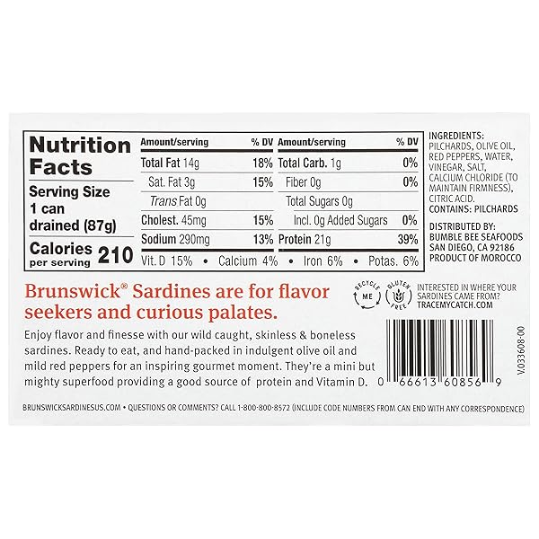 BRUNSWICK WILD CAUGHT SKINLESS AND BONELESS SARDINES, SERVED IN OLIVE OIL WITH MILD RED PEPPERS, 4.4 OZ