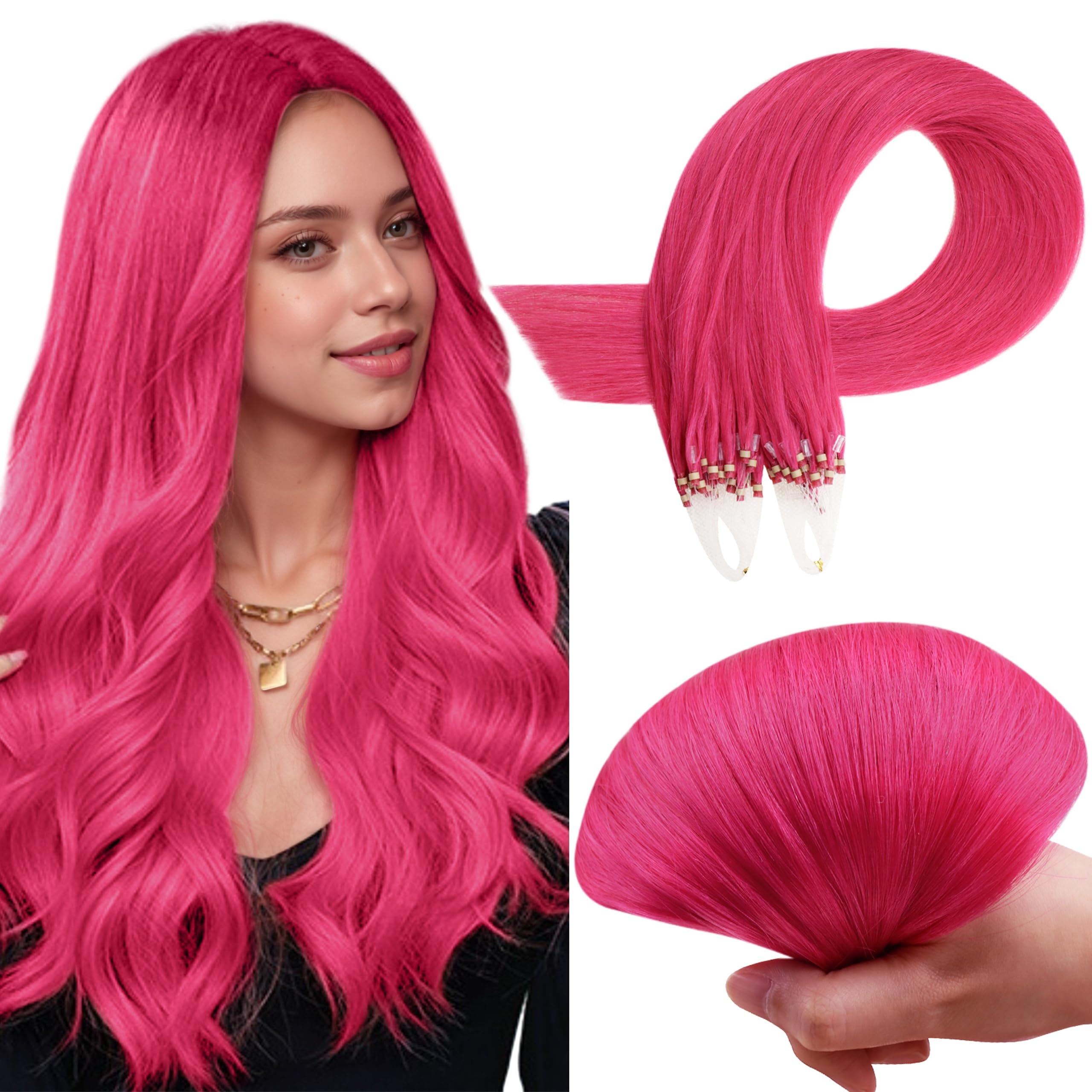 RUNATURE Micro Pink Hair Extensions Human Hair Hot Pink Micro Ring Extensions Pink Micro Loop Hair Extensions Human Hair 20 Inch 25 Gram — image 1