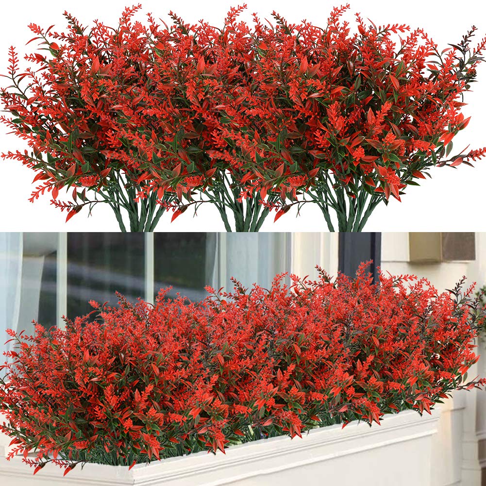 ArtBloom 8 Bundles Outdoor Artificial Lavender Fake Flowers UV Resistant Shrubs, Faux Plastic Greenery for Indoor Outside Hanging Plants Garden Porch Window Box Wedding Farmhouse Decor (Orange Red) — image 1