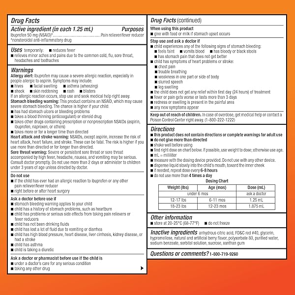 AMAZON BASIC CARE INFANTS’ IBUPROFEN ORAL SUSPENSION DROPS, 50 MG PER 1.25 ML, BERRY FLAVOR, FOR MINOR ACHES AND PAINS, SORE THROAT, HEADACHE RELIEF AND MORE, 1 FL OZ (PACK OF 1)