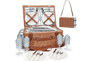 HAPPYPICNIC Picnic Basket Set for 4 Persons - Picnic Baskets with Large Insulated Cooler Compartment, Adjustable Shoulder Strap, Willow Hamper and Waterproof Blanket Set with Cutlery Service Kit