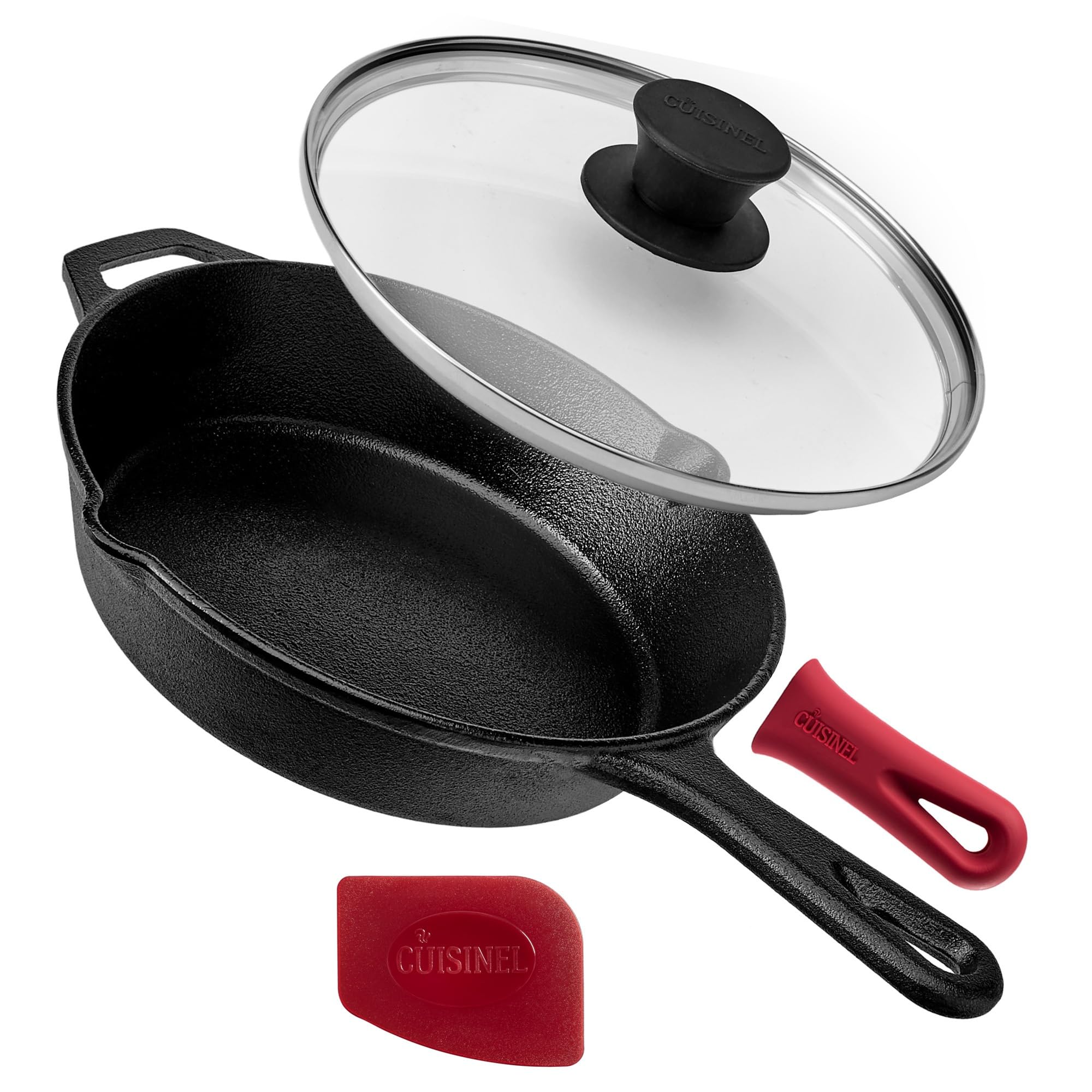 cuisinel Cast Iron Skillet - 8"-inch / 20.32cm + Glass Lid + Silicone Handle Cover - Pre-Seasoned Oven Safe Cookware - Indoor/Outdoor - Grill, Stove Top and Induction Safe
