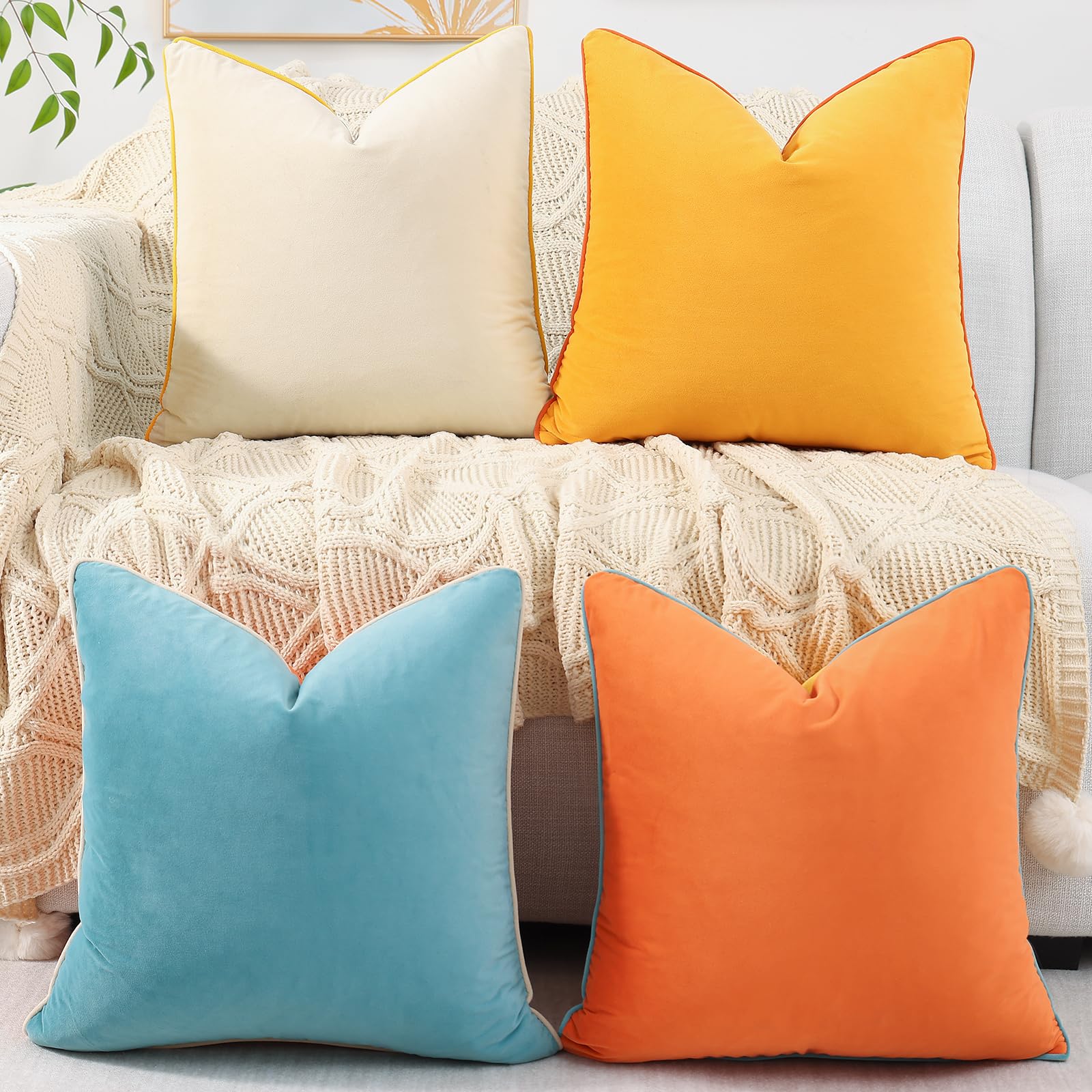 Photo 1 of Mecatny Set of 4 Velvet Fall Throw Pillow Covers 18x18, Soft Colorful Accent Decorative Couch Pillow Covers for Sofa Bedroom Living Room, Orange/Yellow