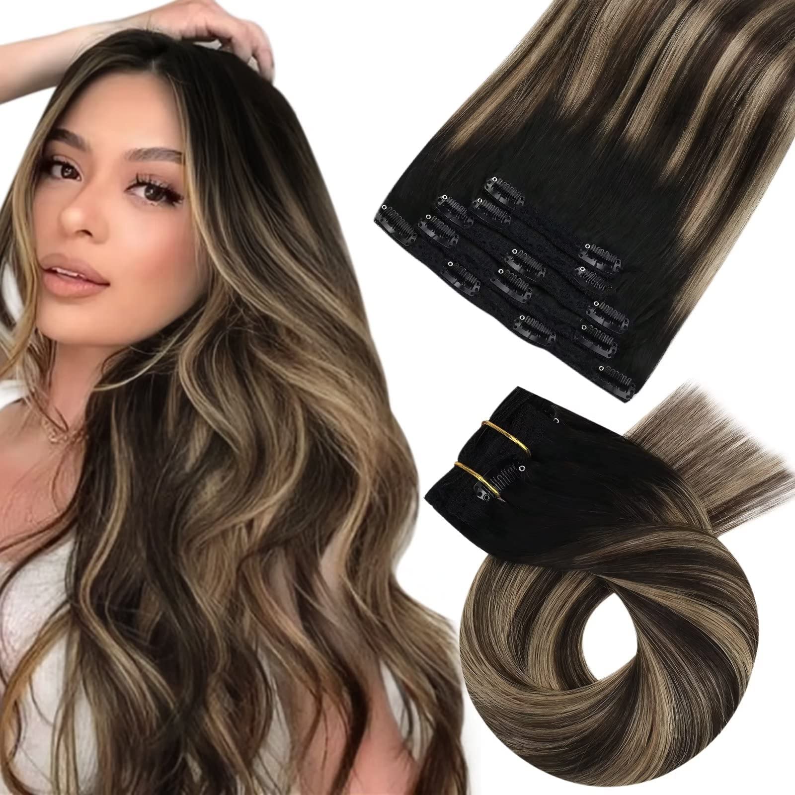 Moresoo Real Human Hair Extensions Clip in 12inch Clip in Hair Extensions for Short Balayage Hair Extensions Color #1B/3/27 Dark Roots Brown mixed with Blonde 5pcs 80grams Double Weft Clip ins