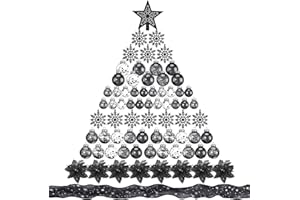 Jenaai Black 74 Pcs Christmas Ball Ornaments Set Plastic Shatterproof Christmas Tree Decorations with Hanging Snowflakes Ribbons Artificial Poinsettia Flowers Tree Topper for Xmas Decor