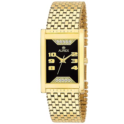 Aurex Analouge Black Dial 18 K Gold Plated Watch Water Resistant Golden Color Strap Wrist Watches for Mens/Boys (AX-GSQ1255-BKG)