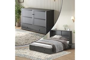 ijuicy Queen Size Murphy Bed,Cube Chest Cabinet Bed with Charging Station & 3 Level Foldable Memory Foam Mattress & & Large Drawer for Guests/Bed Room (Grey)