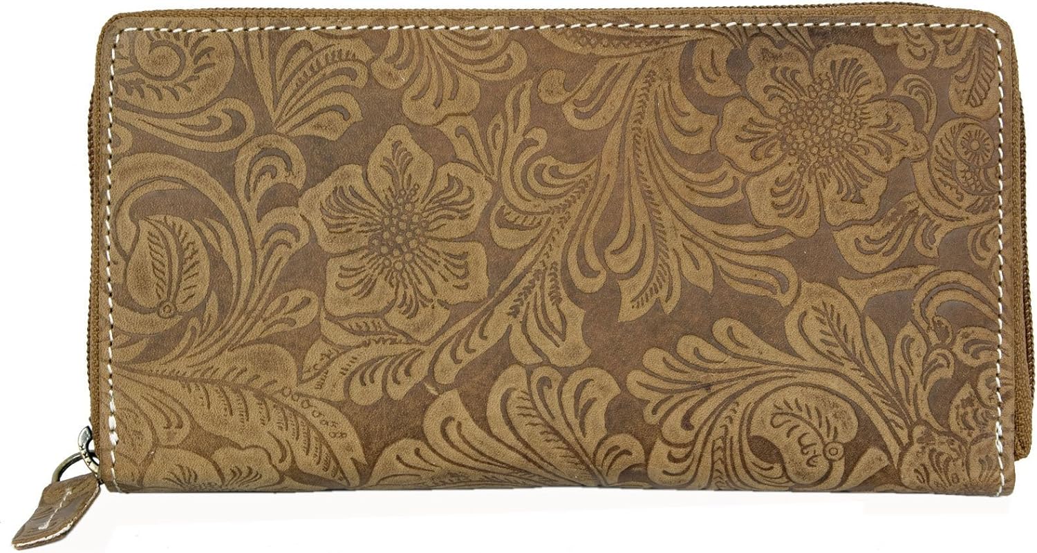 Women's Natural Tan Genuine Leather Wallet with Ornamental Stamping