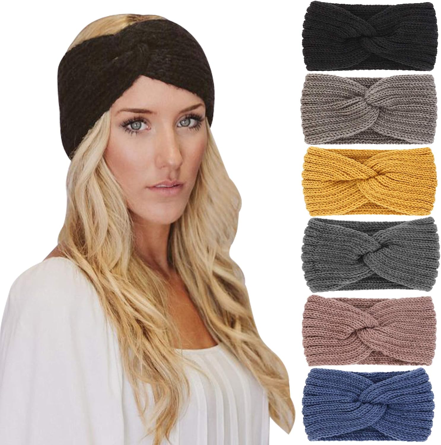 DRESHOW 6 Pieces Women Warm Knitted Headband Winter Ear Warmer Crochet Head Wraps Thick Cable Headband, 6 Pack Set G-2