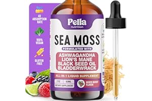 PELLA NUTRITION Sea Moss and Ashwagandha Liquid Supplement - Infused with Lion's Mane, Black Seed Oil, and Bladderwrack - Vegan, Easy-to-Mix Formula - Supports Antioxidant Activity & Immune Health (Mixed Berry, 60mL)