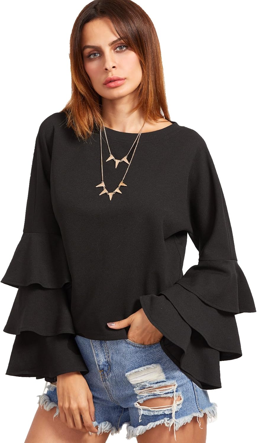 SheIn Women's Round Neck Ruffle Long Sleeve Blouse