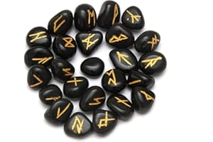ARHAM CRYSTAL Black Agate Runes Stone Set with Velvet Pouch, Elder Futhark Viking Engraved Divination Runic Alphabets Symbols for Reiki Witches & Energy Balancing