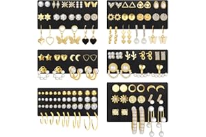 17KM 68 Pairs Gold Stud Earrings for Women Multipack, Hypoallergenic Assorted Earring Set Multiple Piercings, Cubic Zirconia Pearl Butterfly Stud Hoop Earring Pack