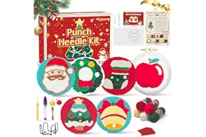 Rivnsong Christmas Punch Needle Kit – DIY Embroidery Set for Beginners to Make 6 Festive Coasters with Hoop, Monk’s Cloth, Tools and Yarn – Holiday Gift for Adults and Kids 8+