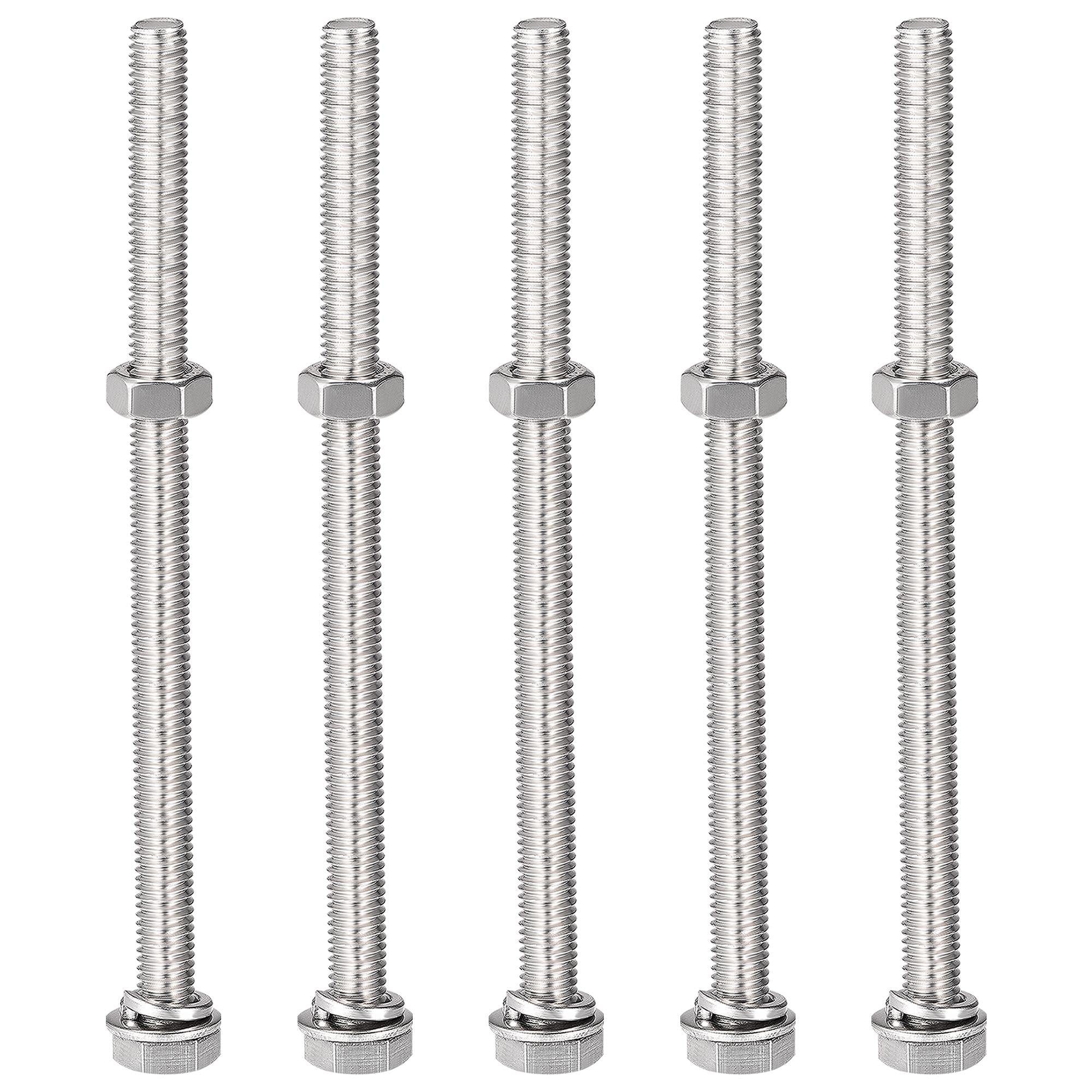 sourcing map M8 x 130mm Hex Head Screws Bolts, Nuts, Flat & Lock Washers Kits, 304 Stainless Steel Fully Thread Hexagon Bolts 5 Sets