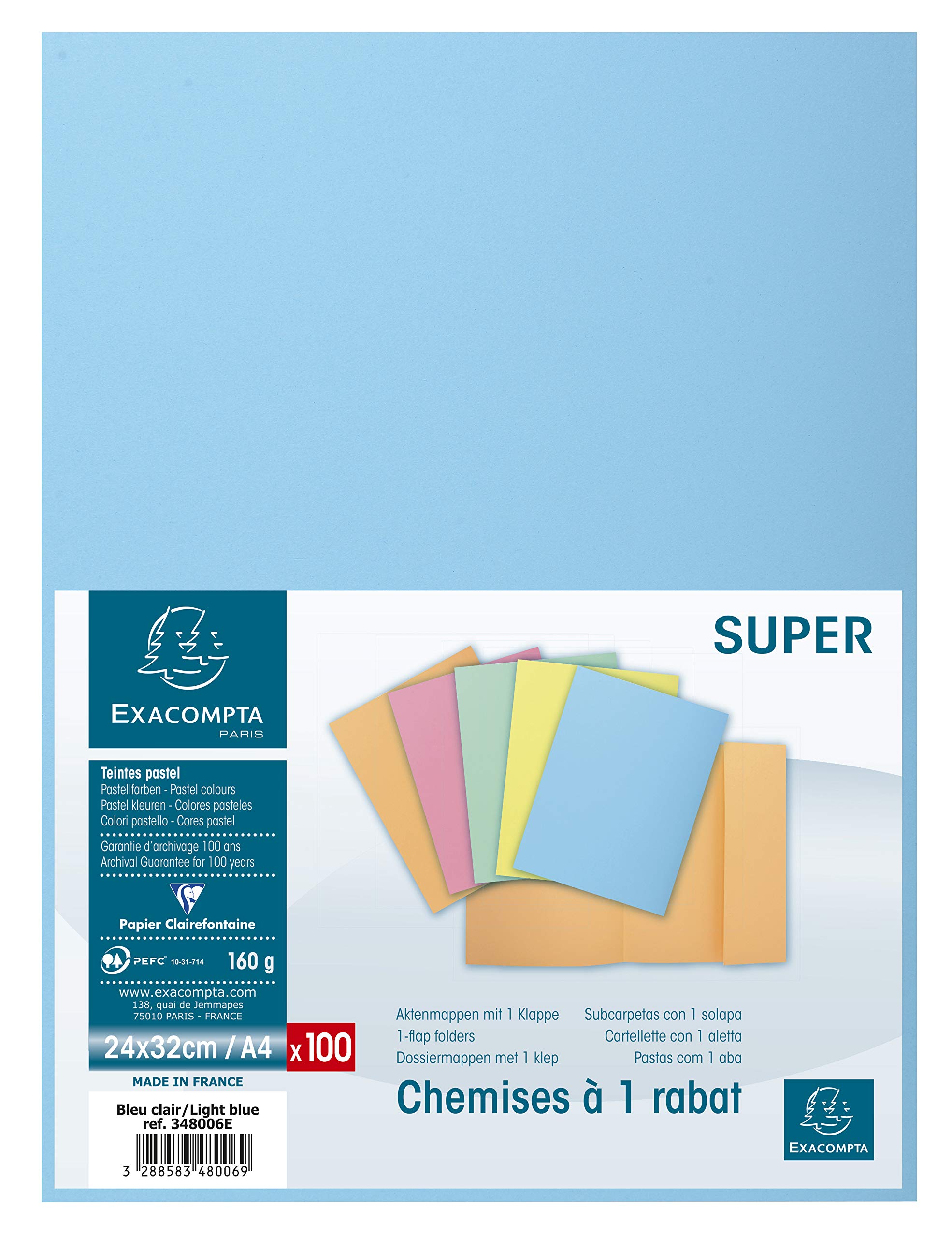 Exacompta - Ref 348006E - Super 210 1-Flap Folders - 240 x 320mm in Size, Suitable for Holding A4 Documents, 160gsm Card, Single Fold Over Flap - Light Blue (Pack of 100)