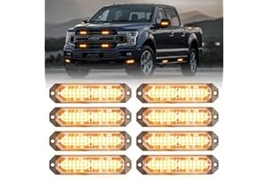 PKINGLAKE 8-Pcs Amber 12 LED Sync Feature Emergency Strobe Grille Lights Bar, Ultra Slim Surface Mount Hazard Warning Flashing Light for Firefighter/Construction/Police/Trucks/Vehicles/Car/SUV
