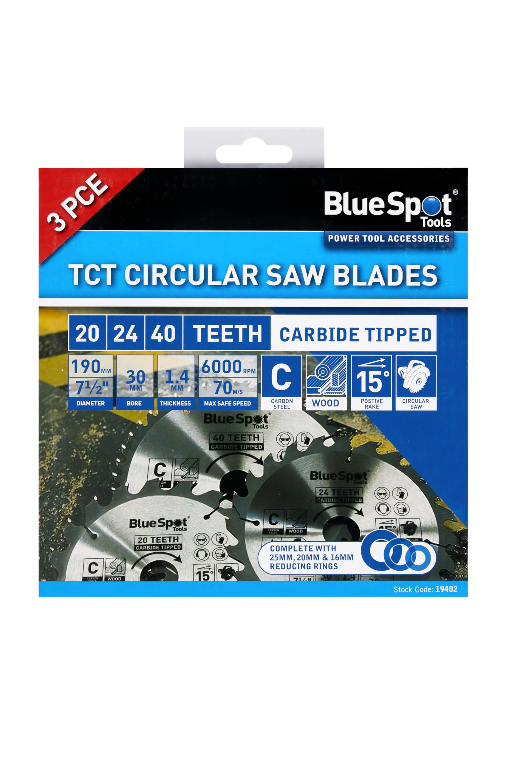 Blue Spot Tools 19402 3 PCE 190MM X 30MM TCT Circular Saw Blade (20,24 & 40 Teeth)