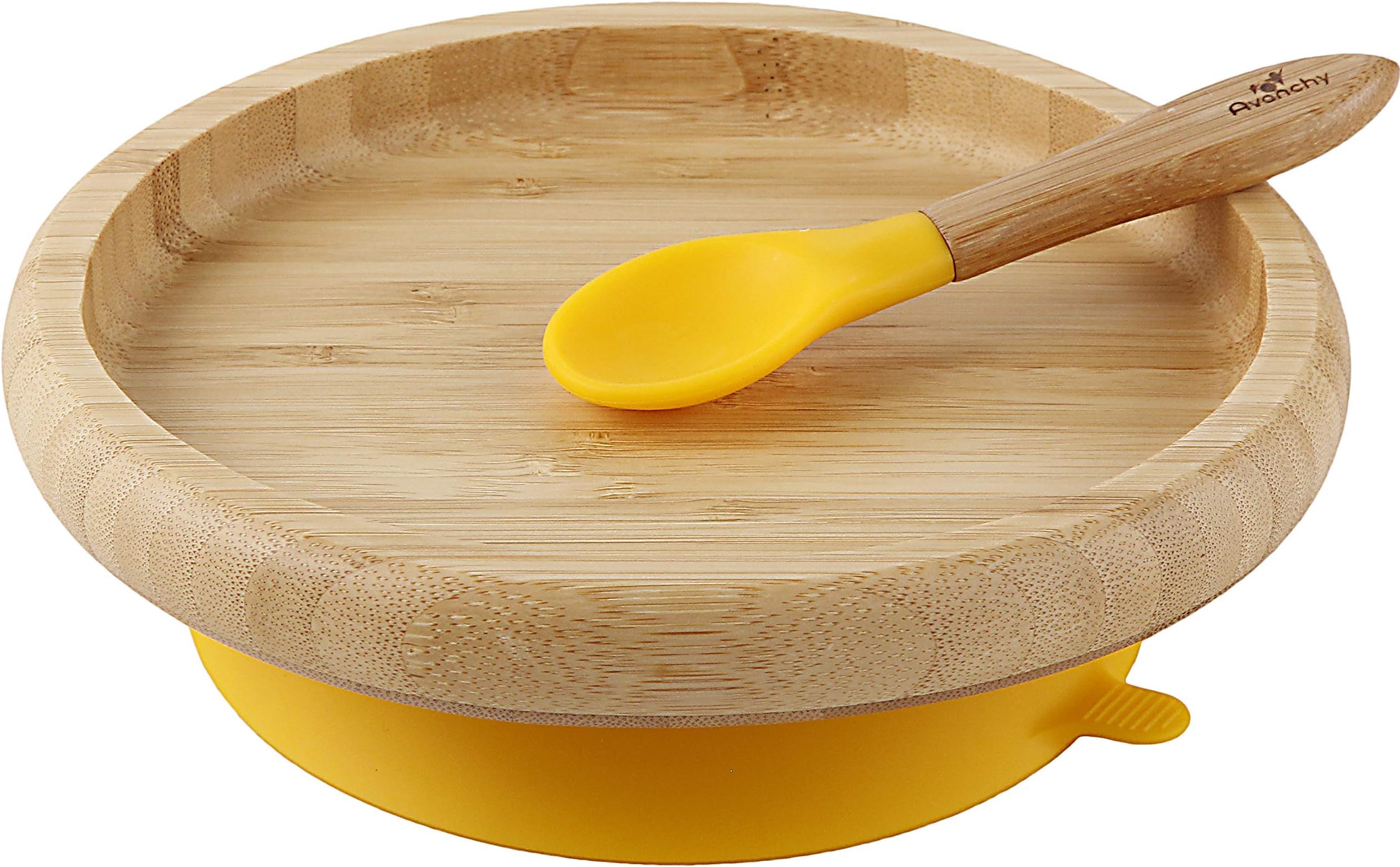 Avanchy Baby Toddler Feeding Plates Suction Stay Put Not Divided Classic Bamboo Plate + Baby Spoon - Great Baby Gift Set (Yellow)