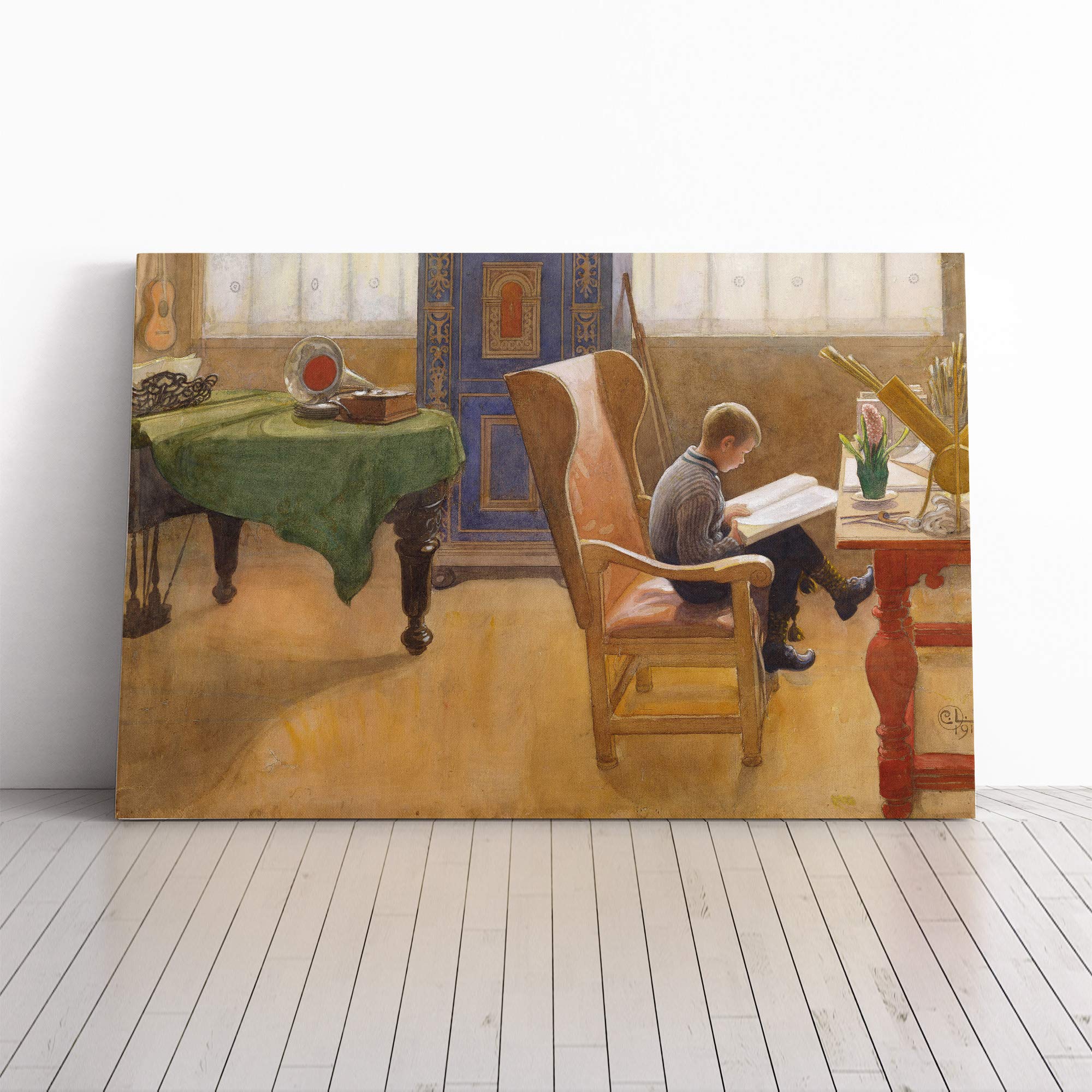 Carl Larsson Reading Canvas Print | Gallery Wrapped 30mm Frame Wall Art | 20x14 inches | Ready to Hang | Modern Picture | Living Room Bedroom Lounge Office