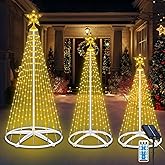 3 Pack Solar Christmas Cone Tree Lights, 4' 5' 6' Christmas Tree Light Show Dimmable with 8 Modes, Artificial Tree Lights with Topper Star for Xmas Indoor Outdoor Yard Decorations, Warm White