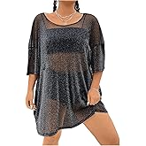 WDIRARA Women's Plus Size Sparkle Mesh Y2K Tee Top Loose Drop Shoulder Party Club Wear T Shirts