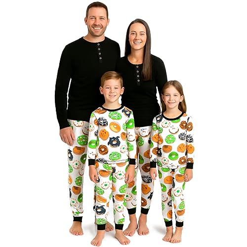 HonestBaby Family Matching Holiday Pajamas Organic Cotton for Men, Women, Kids, Toddlers, Baby Boys, Girls, Unisex Pets, Halloween Spoo-oo-keey Donuts Green, Small