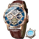 OLEVS Skeleton Watches for Mens Automatic Mechanical Self Winding Tourbillon Leather Strap Luxury Dress Moon Phase Wrist Watches Waterproof Luminous
