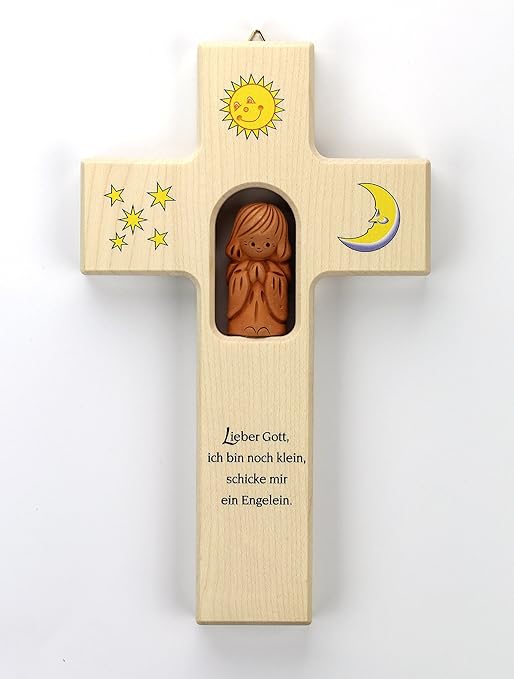 Amazon De Kinderkreuz Aus Ahornholz Mit Tonengel Made In Germany Sonne Mond Und Sterne