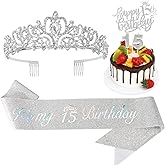 Hapdoo 15th Birthday Decorations for Girls, Including Birthday Rhinestone Crown Tiara, Glitter Sash, Happy Birthday Cake Topper and Number Candles, 15 Year Old Decorations Gifts for Girl