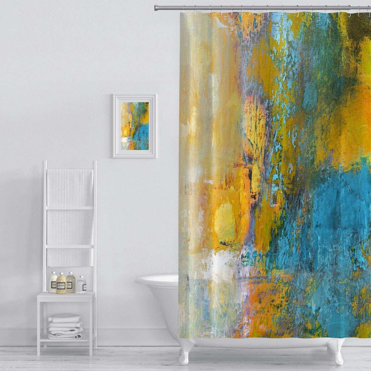 MuaToo Shower Curtain Abstract Original Painting On Polyester Sun Ball in Yellow and Turquoise Art Print Polyester Fabric Bathroom Decor Sets with Hooks 72 x 72 Inches, Yellow