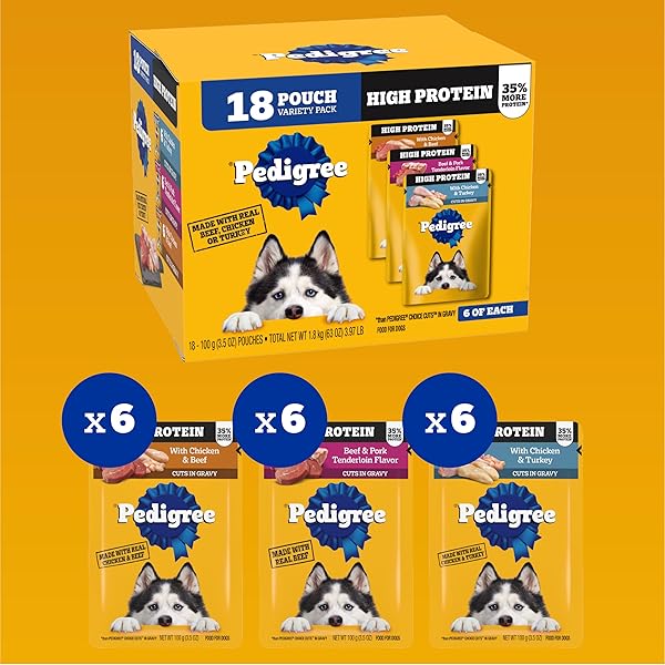 PEDIGREE HIGH PROTEIN DOG FOOD, ADULT WET DOG FOOD POUCHES, VARIETY PACK, 3.5 OZ. POUCHES, 18 COUNT