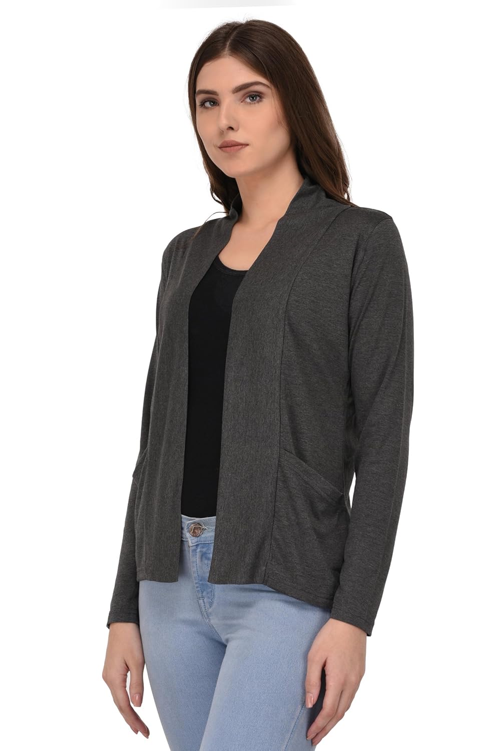 espresso women's full sleeve front open viscose shrug with pocket