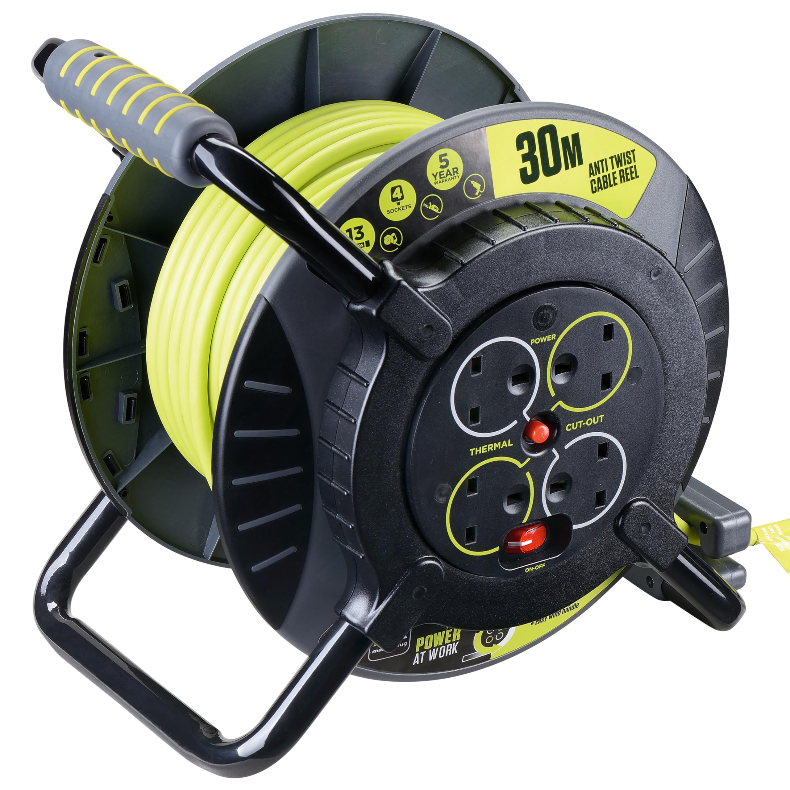 Masterplug Pro-XT Four Socket Anti Twist Open Cable Reel Extension Lead with Winding Handle, Thermal Cut Out and Power Switch, 30 Metres High Visibility Cable