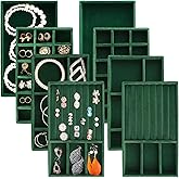 Afnkiom Jewelry Trays for Drawers, Set of 8 Stackable Velvet Jewelry Tray Inserts for Rings, Earrings, Necklaces, Bracelets – Fits Most Dresser/Closet Drawers, Non‑Slip Lined, Green