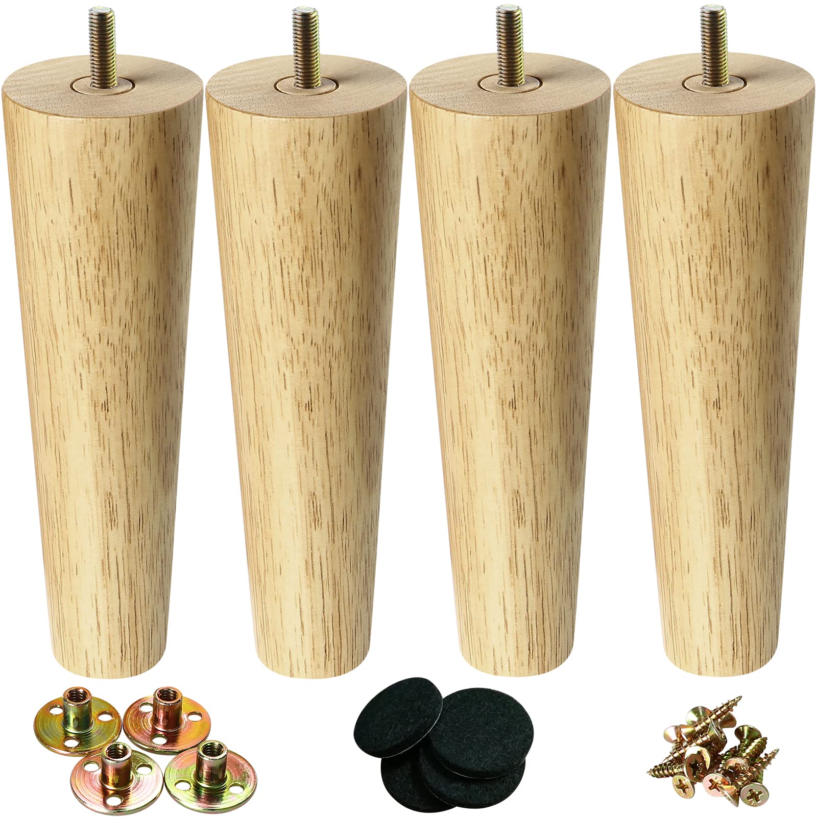 KOIKEY 20cm Wooden Furniture Legs, Solid Wood Sofa Legs Set of 4, DIY Replacement Feet with Mounting Plate & Screws for Cabinet Bed Chair Couch Dresser Table TV Stand, Nature Wood Colour