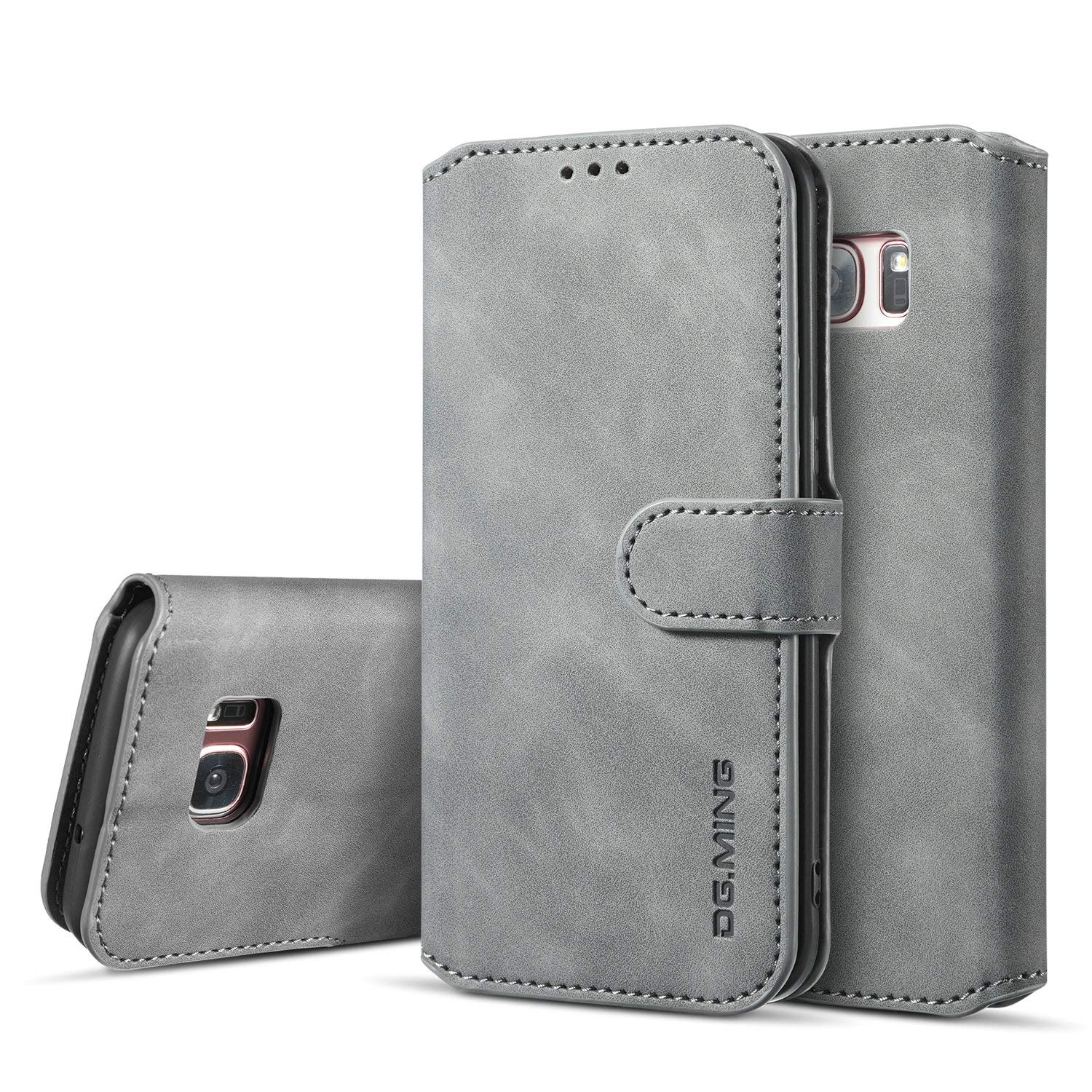 UEEBAI PU Leather Case for Samsung Galaxy S7 Edge, Vintage Retro Premium Wallet Flip Cover TPU Inner Shell [Card Slots] [Magnetic Closure] Stand Function Folio Shockproof Full Protection - Grey