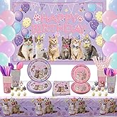 Cat Birthday Party Supplies Set, Kitten Tableware Includes Happy Birthday Backdrop, Spoons, Fork, Plates, Tablecloth, Cups, Balloon, Straws for Kids Cat Party Decorations, Serves 20 Guest (Backdrop A)