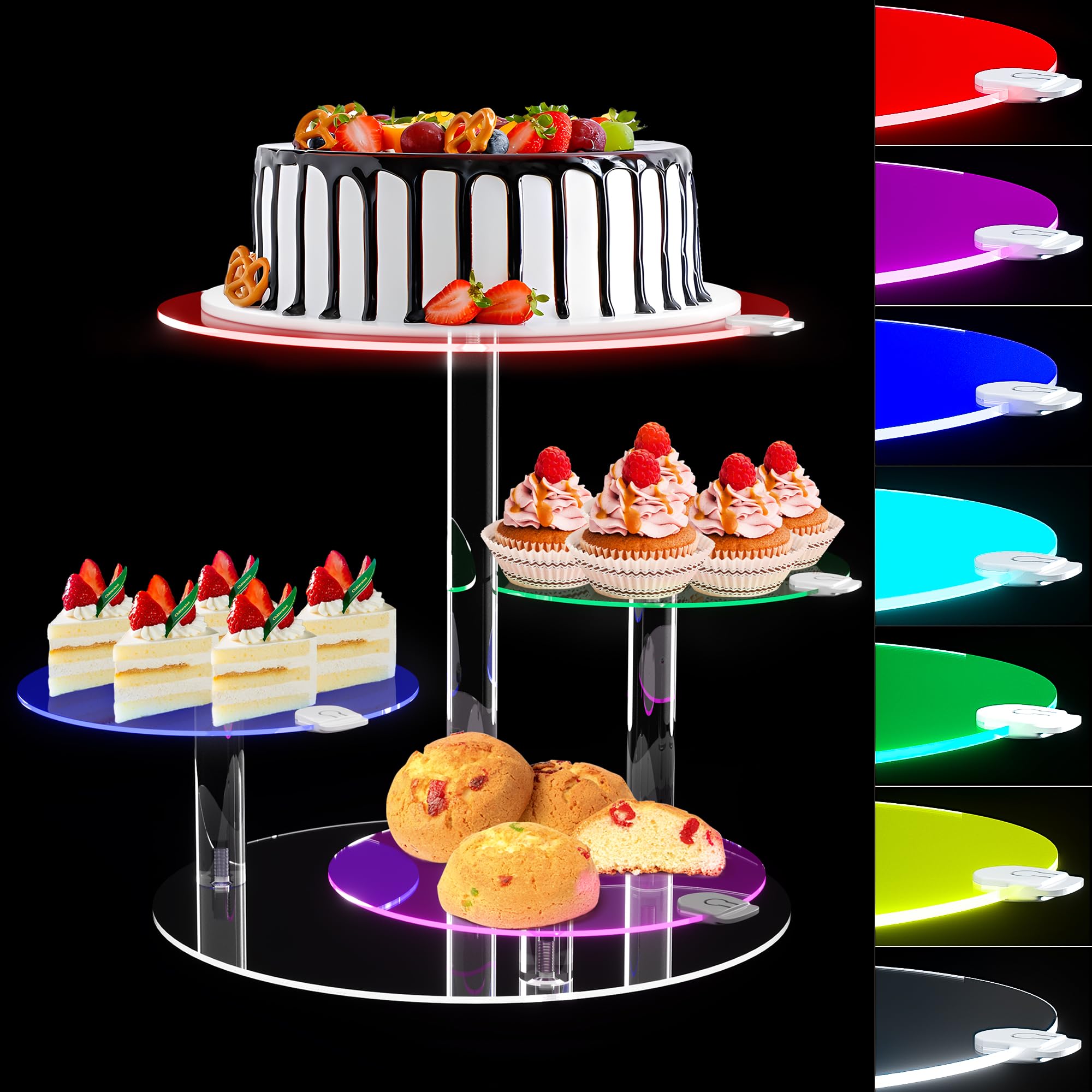 Photo 1 of Cake Stand with Rechargable LED Light, Round Light Up Cupcake Stand, Cupcakes and Cakes Comb for 8-12 Inch Cakes, Tiered Cake Tree Tower, Clear Dessert Display Stand for Wedding Birthday Party