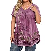 IN'VOLAND Womens Plus Size Tops Short Sleeve Summer V Neck Shirts Flowy Dressy Casual Tunic Blouses 1X-5X