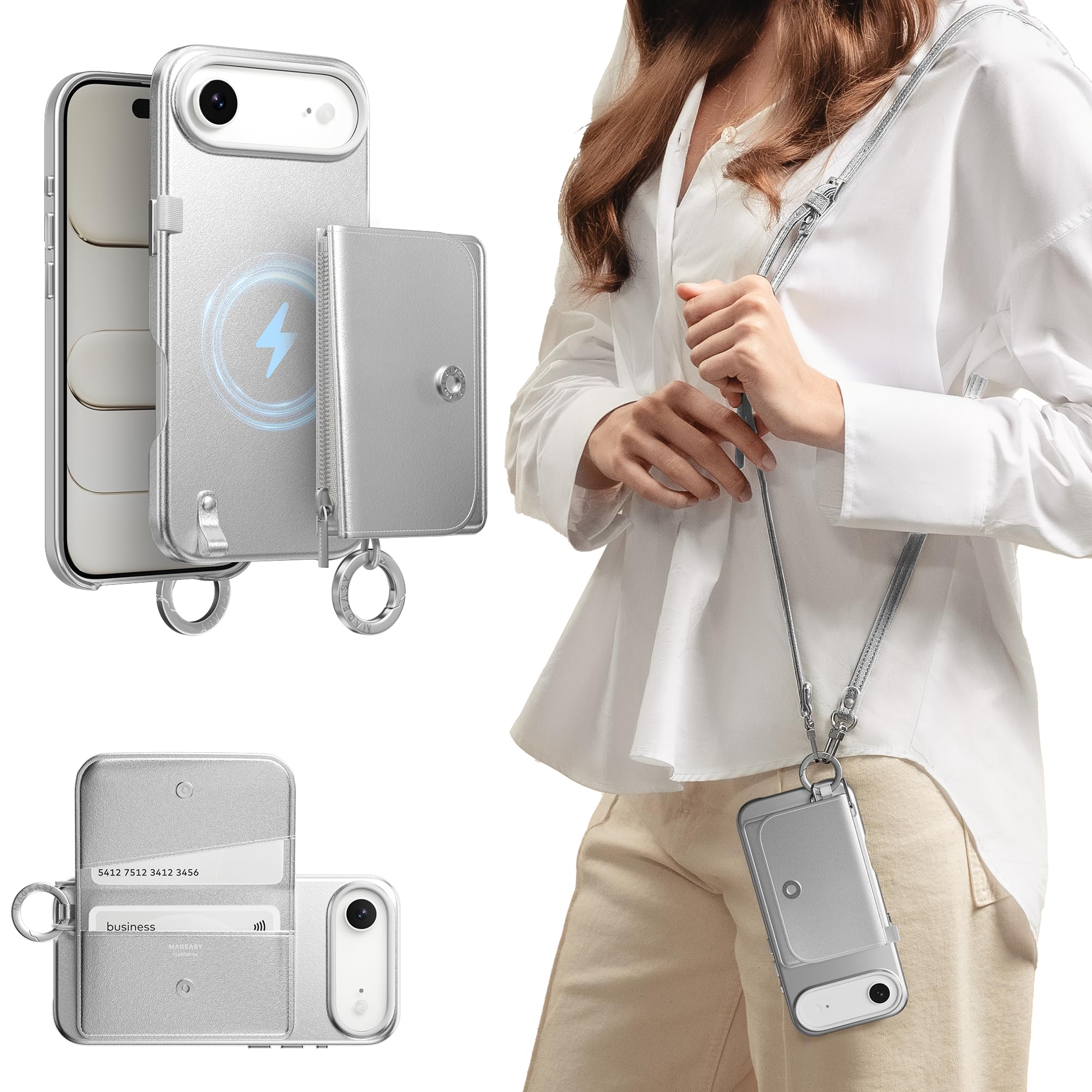 Photo 1 of MAGEASY Designed for iPhone Air 6.5" Wallet Case with Crossbody Strap - Compatible with MagSafe Detachable Coin Purse & Card Slot, Leather Crossbody Lanyard, 16ft Drop Protection | Pouch M (Silver)