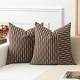 Kevin Textile Brown and Beige Farmhouse Striped Patchwork Linen Decorative Throw Pillows Covers 20x20, Set of 2, Modern Accent Square Cushion Covers for Couch Chair Bedroom Fall Decorations
