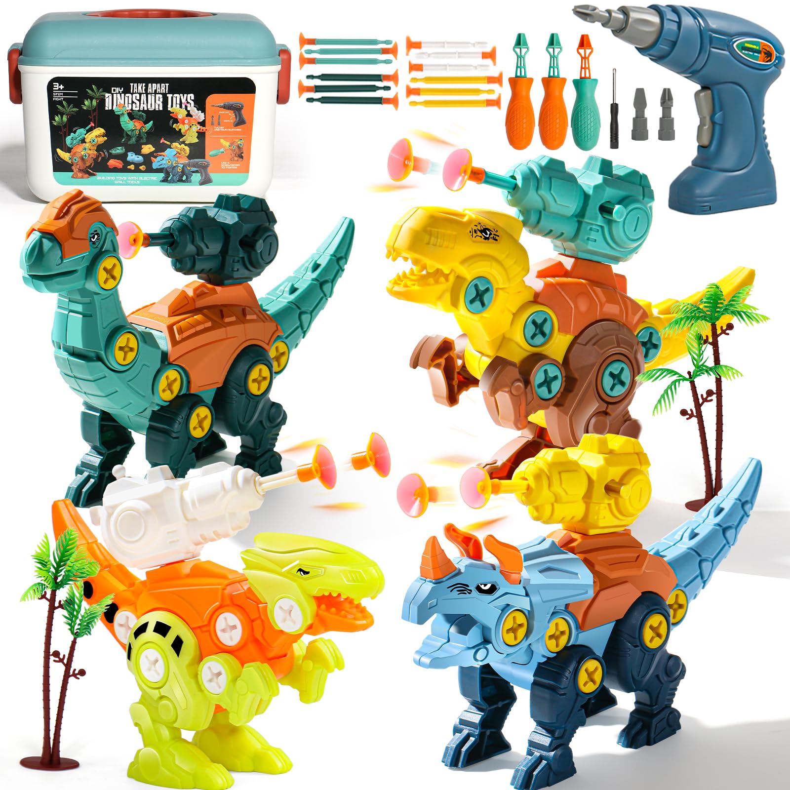Akokie Dinosaur Toys for Boys Girls Kids Toys for 3 Year Old Boys with Storage Box Electric Drill Construction Take Apart Dinosaur Toy Pretend Gifts for 3 4 5 6 Year Old Boy Girls