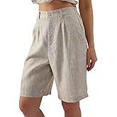 Amazhiyu Womens Pure Linen Summer Casual High Waisted Bermuda Shorts for Lounge Beach Flax, XX-Large