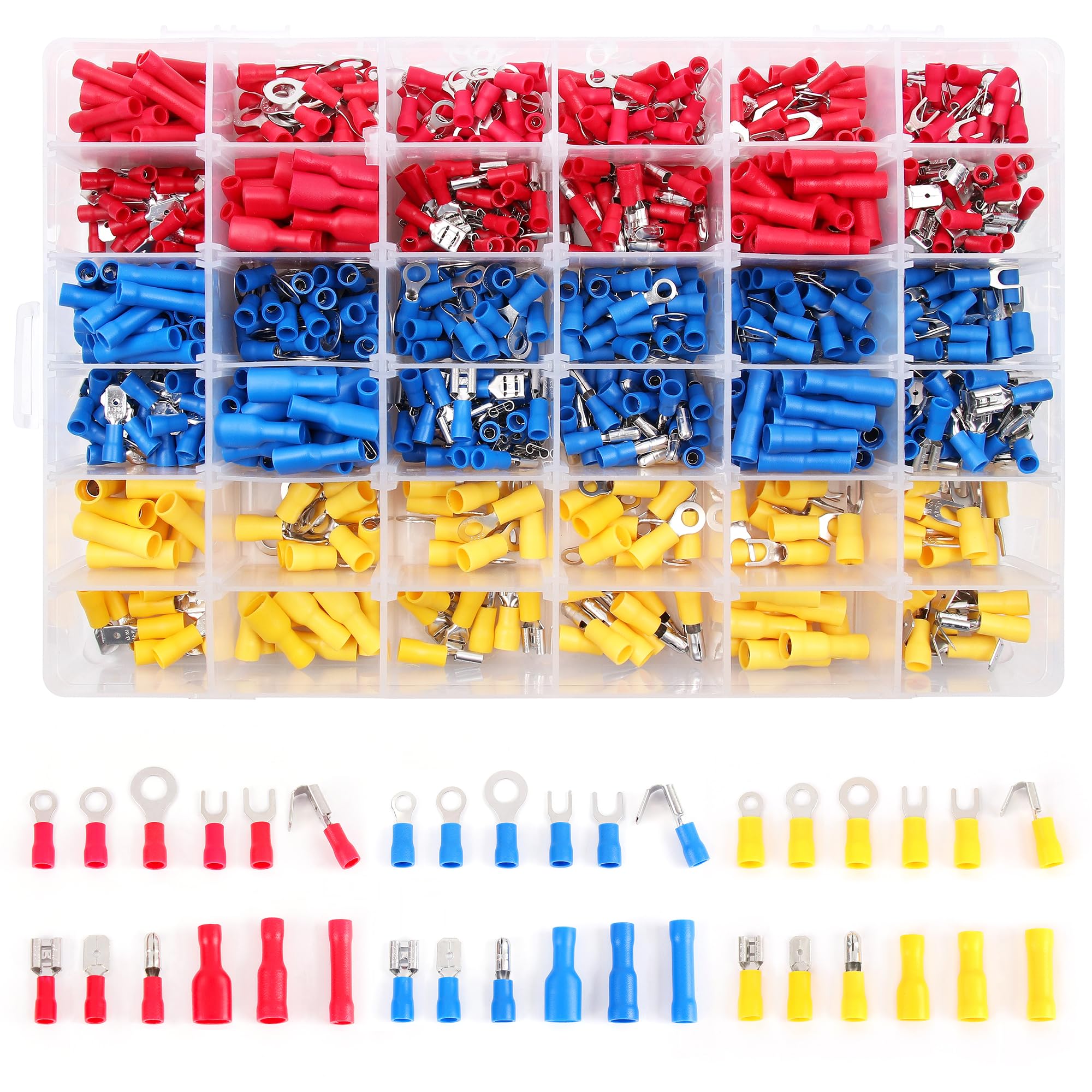 Flytuo 840PCS Insulated Wire Electrical Connectors - 36 Types Crimp Terminals Connectors Assortment Kit Mixed Butt, Ring, Fork, Spade, Bullet & Quick Disconnect Assortment