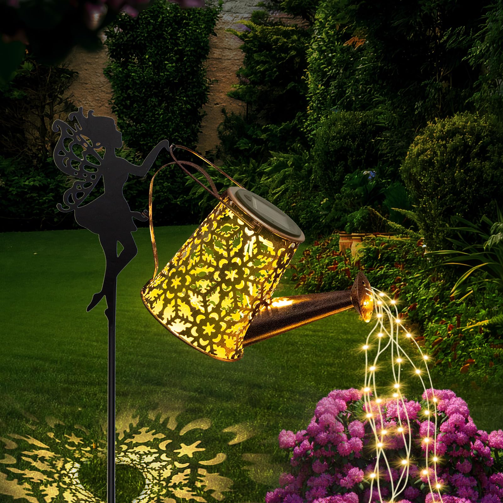 GLOBAL GOLDEN Solar Watering Can Light, LED Solar String Lights Waterproof Dual Mode Water Can Lights for Garden Patio Yard Pathway Lantern Plant Decoration (Snowflakes)