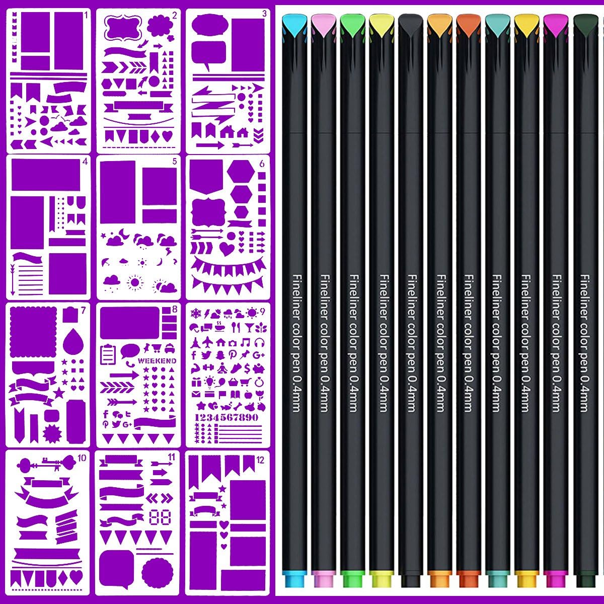 Bullet Journal Supplies Painting Template with 12 Color Fineliner pens Notebook/Diary/Scrapbook DIY Painting Drawing Template Stencil 4x7 Inch
